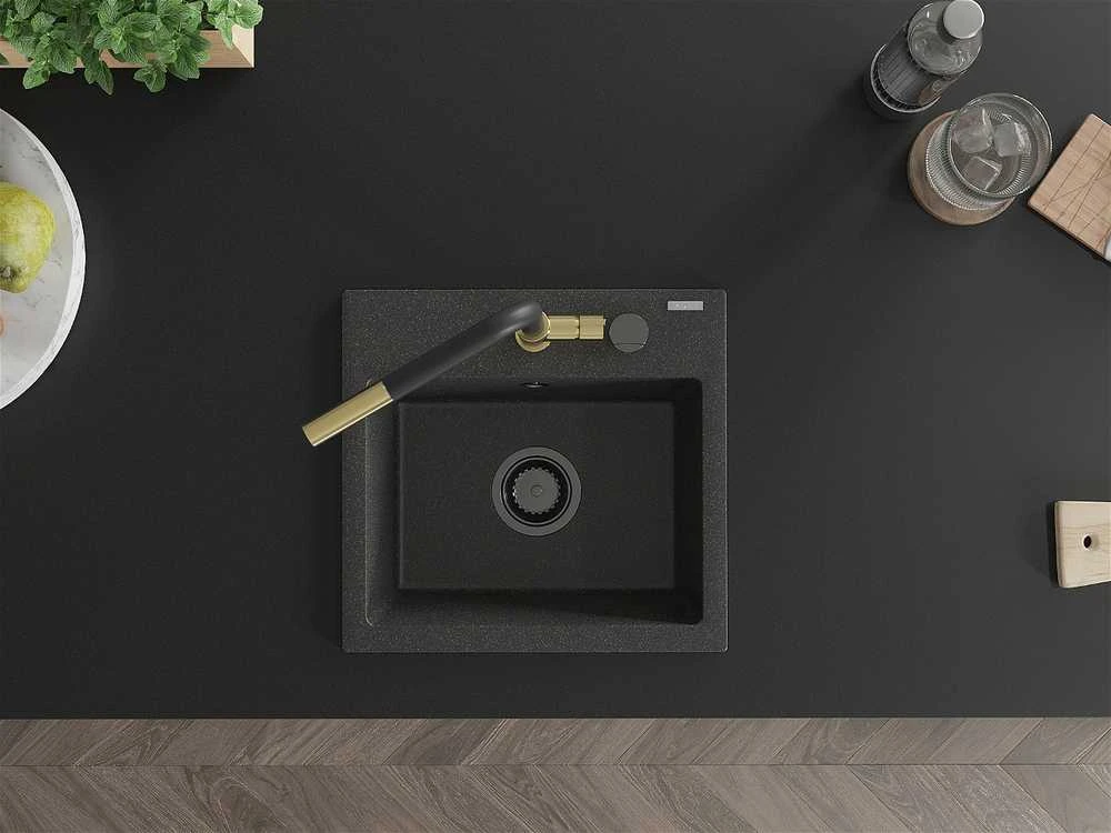 Granitinė virtuvinė plautuvė Mexen Milo su maišytuvu ir sifonu, Juodas granite+Juodas/Gold