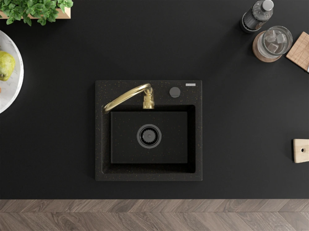 Granitinė virtuvinė plautuvė Mexen Milo su maišytuvu ir sifonu, Metallic juodas/auksinis+Gold(B)