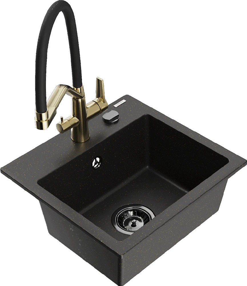 Granitinė virtuvinė plautuvė Mexen Milo su maišytuvu ir sifonu, Metallic juodas/auksinis+Juodas/Gold