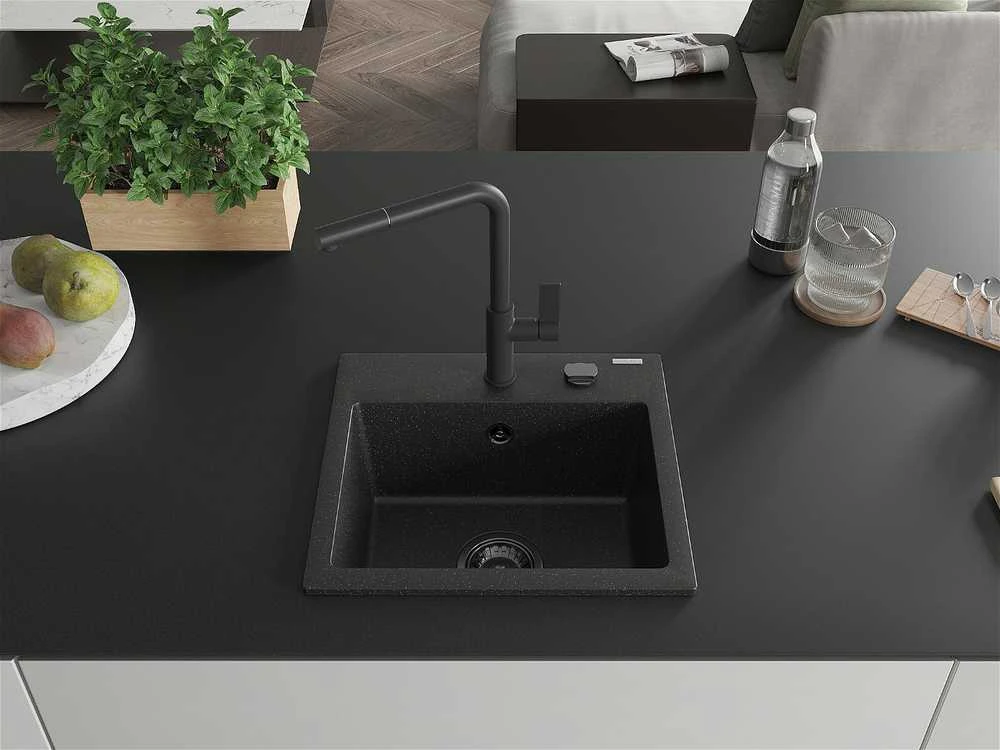 Granitinė virtuvinė plautuvė Mexen Milo su maišytuvu ir sifonu, Metallic juodas/sidabrinis+Juodas