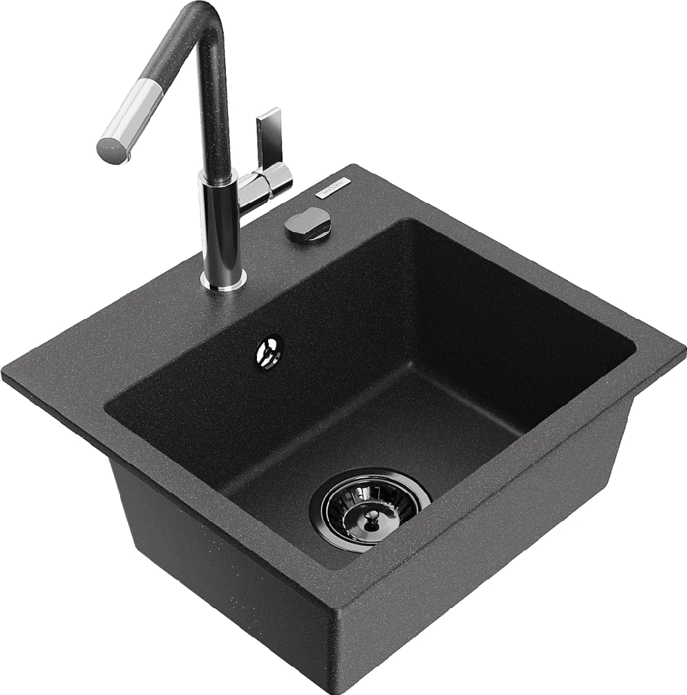Granitinė virtuvinė plautuvė Mexen Milo su maišytuvu ir sifonu, Juodas granite+Juodas granite/Chrome