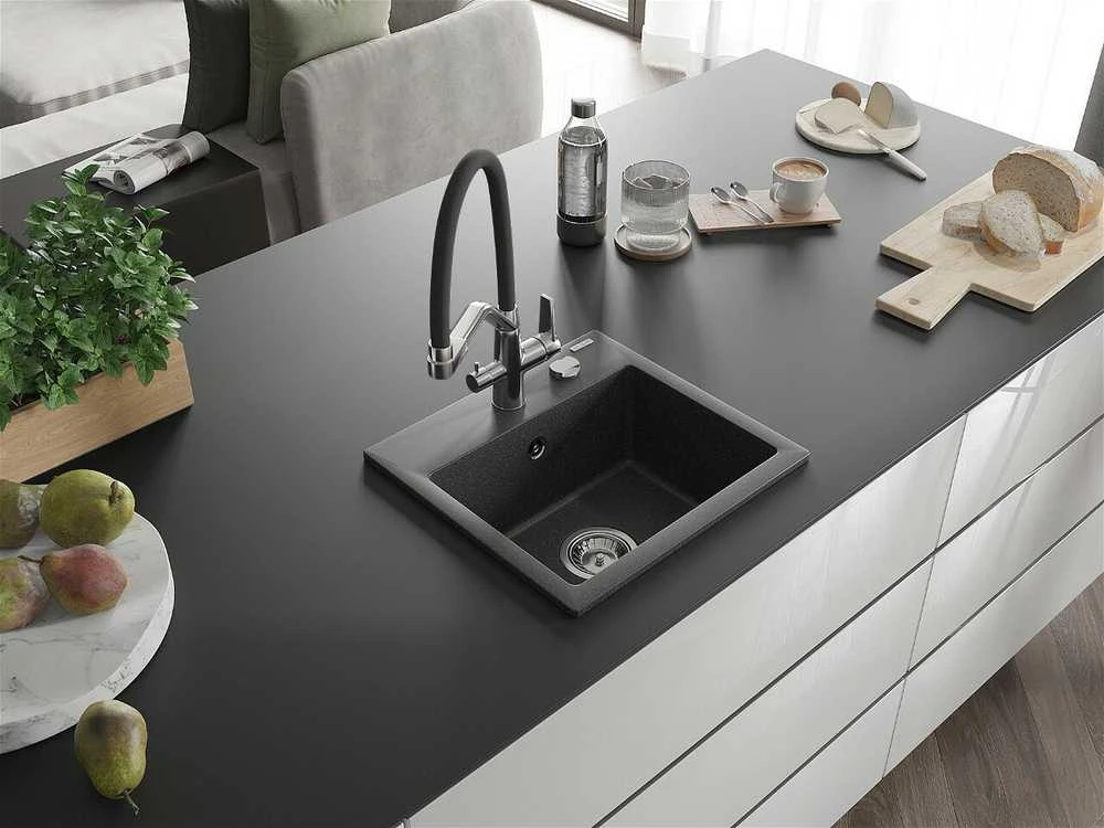 Granitinė virtuvinė plautuvė Mexen Milo su maišytuvu ir sifonu, Juodas granite+Juodas/Chrome