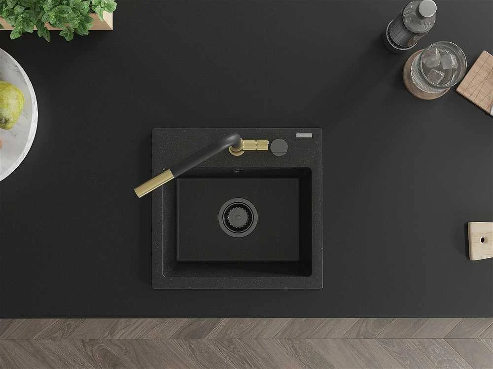 Granitinė virtuvinė plautuvė Mexen Milo su maišytuvu ir sifonu, Metallic juodas/sidabrinis+Juodas/Gold