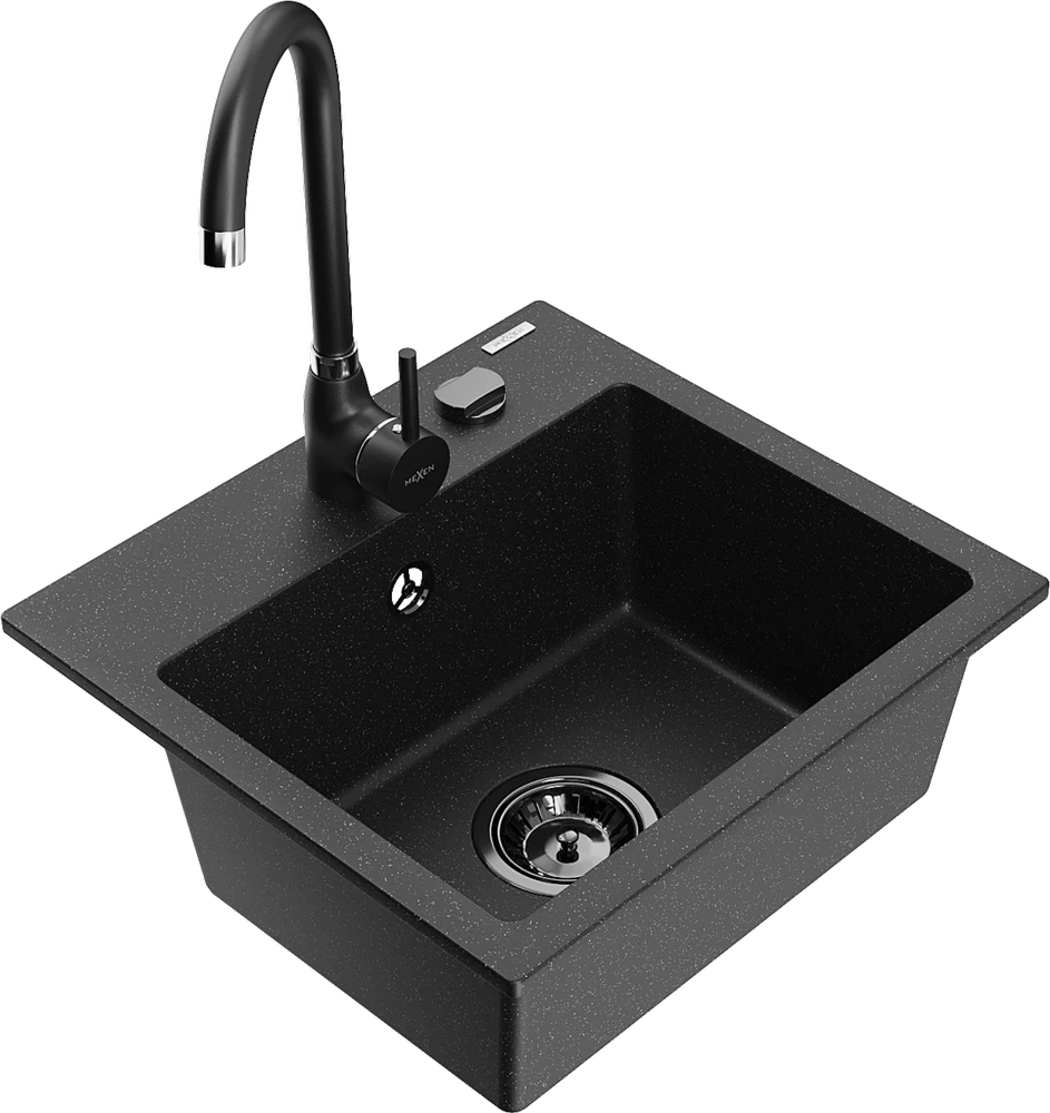 Granitinė virtuvinė plautuvė Mexen Milo su maišytuvu ir sifonu, Metallic juodas/sidabrinis+Juodas(B)