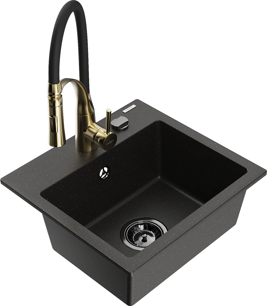 Granitinė virtuvinė plautuvė Mexen Milo su maišytuvu ir sifonu, Metallic juodas/auksinis+Juodas/Gold