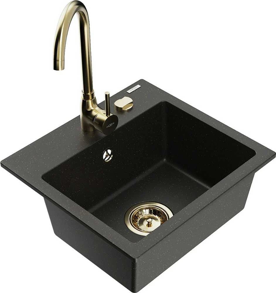 Granitinė virtuvinė plautuvė Mexen Milo su maišytuvu ir sifonu, Metallic juodas/auksinis+Gold