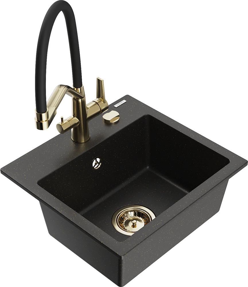 Granitinė virtuvinė plautuvė Mexen Milo su maišytuvu ir sifonu, Metallic juodas/auksinis+Juodas/Gold