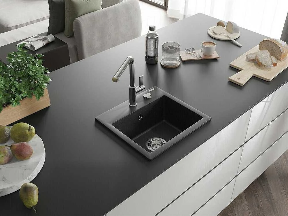 Granitinė virtuvinė plautuvė Mexen Milo su maišytuvu ir sifonu, Metallic juodas/sidabrinis+Chrome