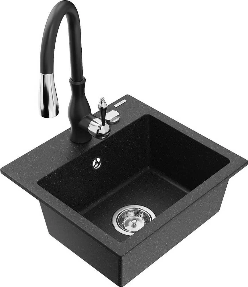 Granitinė virtuvinė plautuvė Mexen Milo su maišytuvu ir sifonu, Metallic juodas/sidabrinis+Juodas