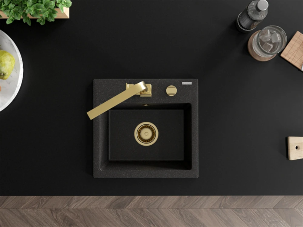 Granitinė virtuvinė plautuvė Mexen Milo su maišytuvu ir sifonu, Juodas granite+Gold