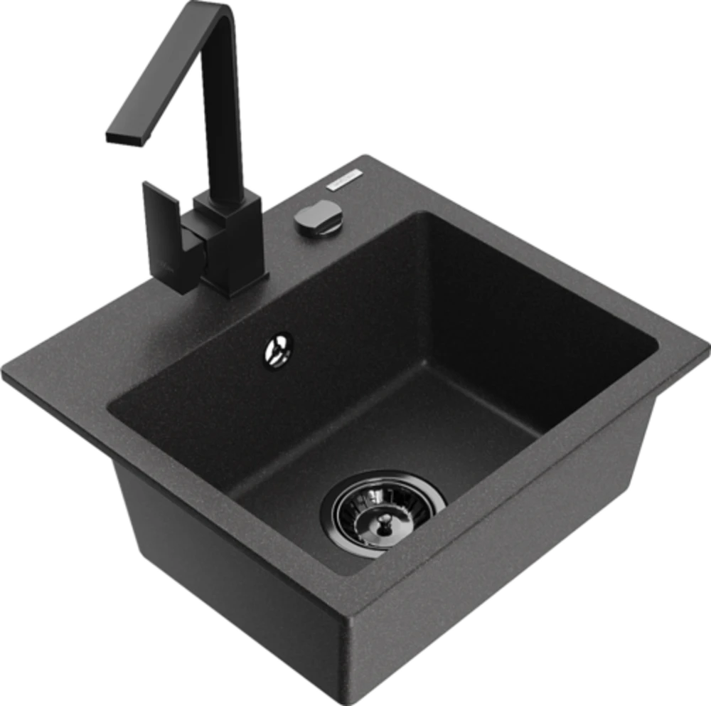 Granitinė virtuvinė plautuvė Mexen Milo su maišytuvu ir sifonu, Juodas granite+Juodas(B)