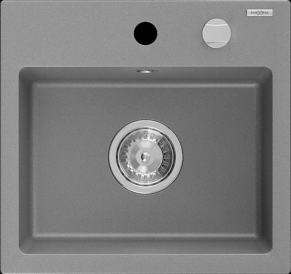 Granitinė virtuvinė plautuvė Mexen Milo su sifonu, Pilkas+Chrome, 435 x 410 mm