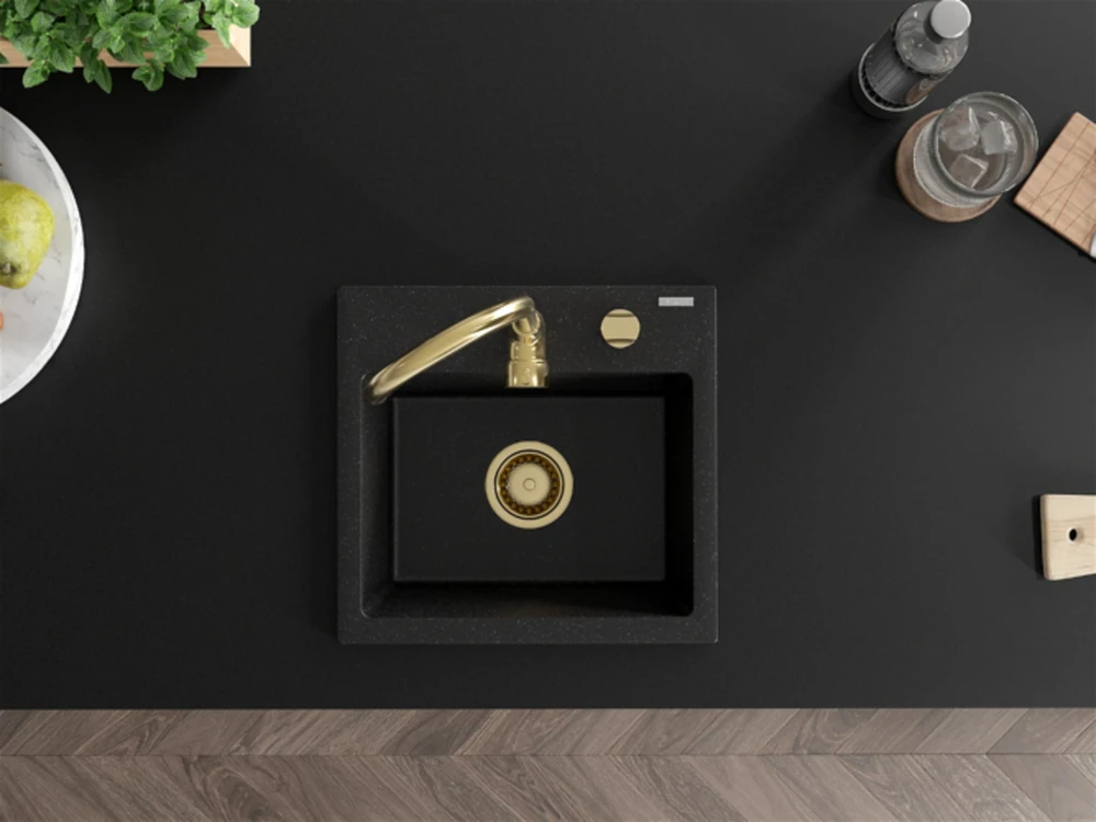 Granitinė virtuvinė plautuvė Mexen Milo su maišytuvu ir sifonu, Metallic juodas/sidabrinis+Gold
