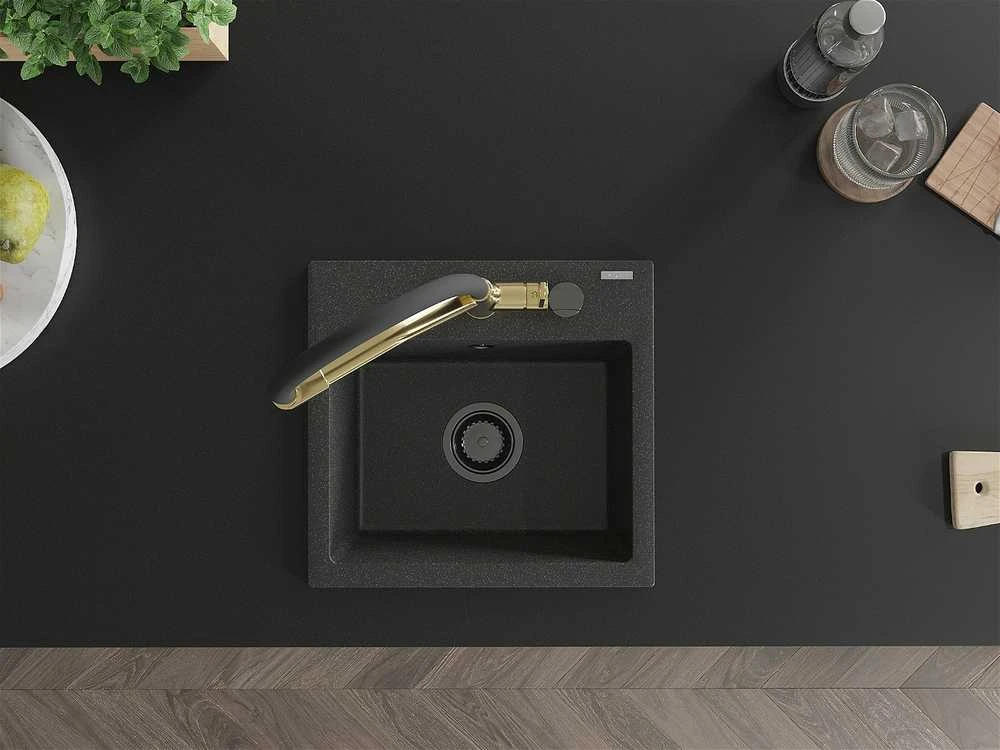 Granitinė virtuvinė plautuvė Mexen Milo su maišytuvu ir sifonu, Juodas granite+Juodas/Gold