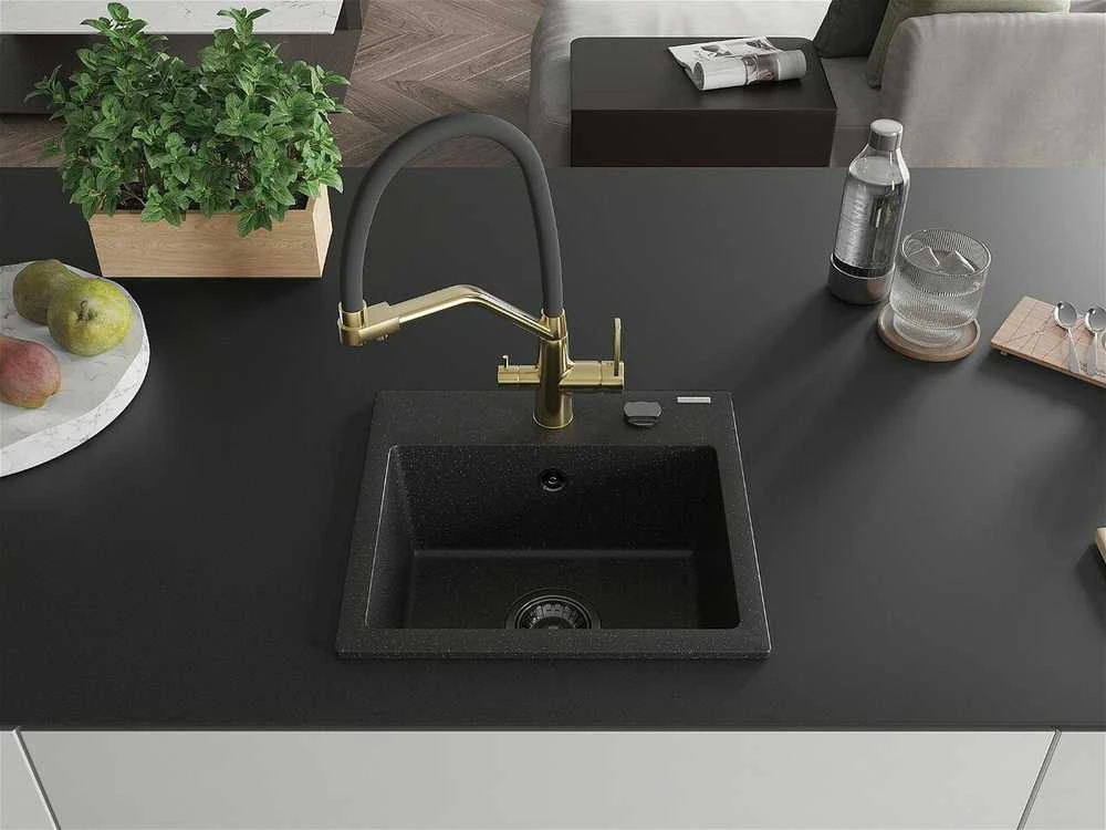 Granitinė virtuvinė plautuvė Mexen Milo su maišytuvu ir sifonu, Metallic juodas/sidabrinis+Juodas/Gold