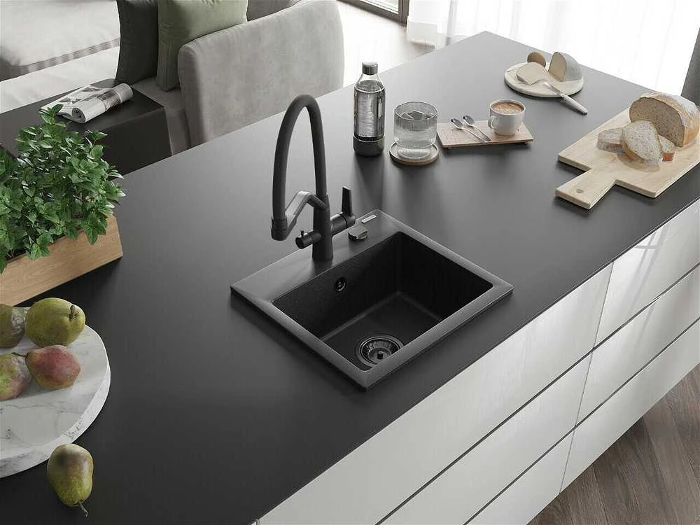Granitinė virtuvinė plautuvė Mexen Milo su maišytuvu ir sifonu, Metallic juodas/sidabrinis+Juodas