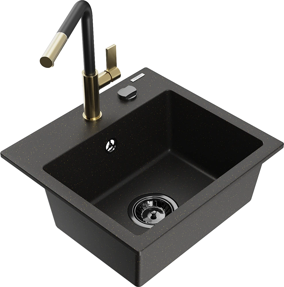 Granitinė virtuvinė plautuvė Mexen Milo su maišytuvu ir sifonu, Metallic juodas/auksinis+Juodas/Gold
