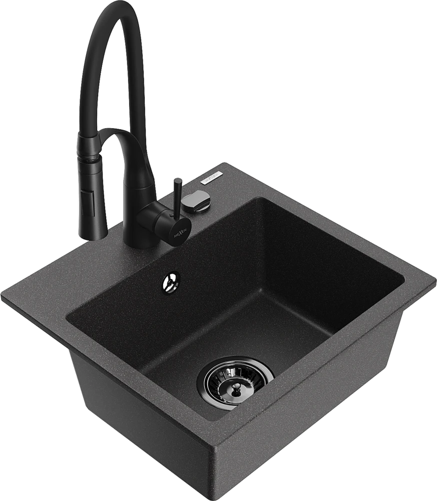 Granitinė virtuvinė plautuvė Mexen Milo su maišytuvu ir sifonu, Juodas granite+Juodas