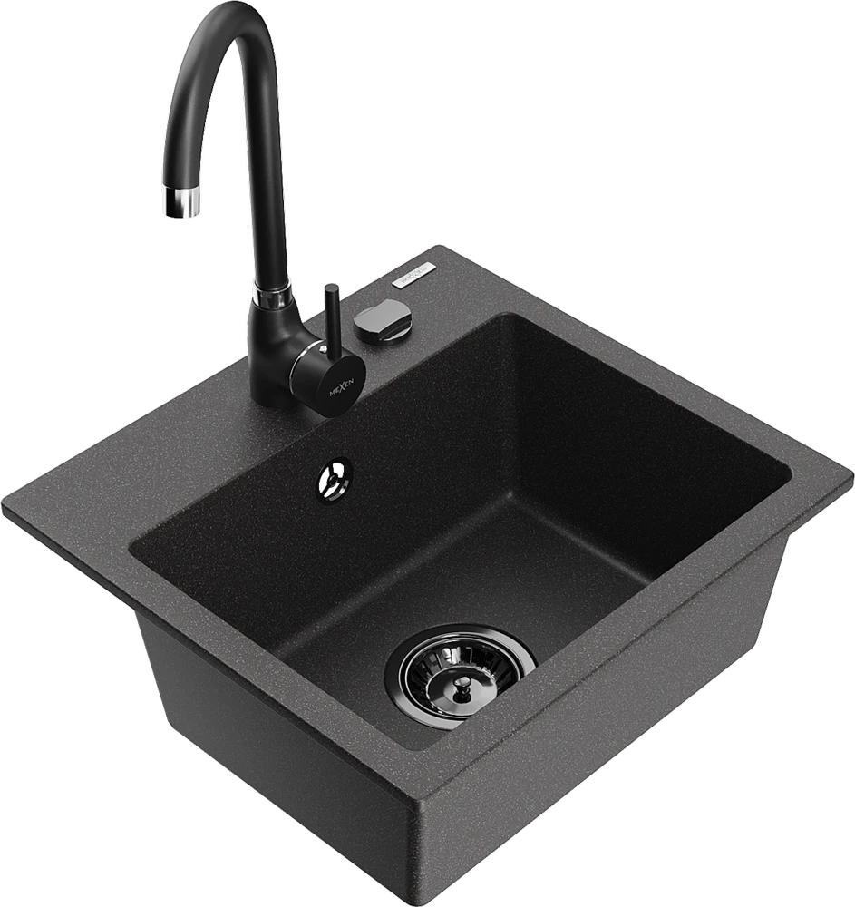 Granitinė virtuvinė plautuvė Mexen Milo su maišytuvu ir sifonu, Juodas granite+Juodas(B)