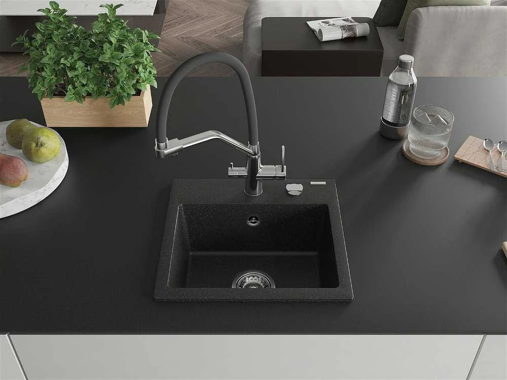 Granitinė virtuvinė plautuvė Mexen Milo su maišytuvu ir sifonu, Metallic juodas/sidabrinis+Juodas/Chrome