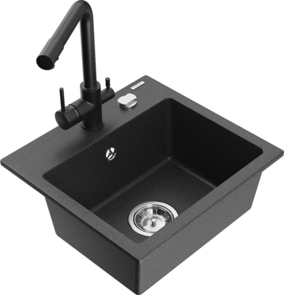 Granitinė virtuvinė plautuvė Mexen Milo su maišytuvu ir sifonu, Juodas granite+Juodas