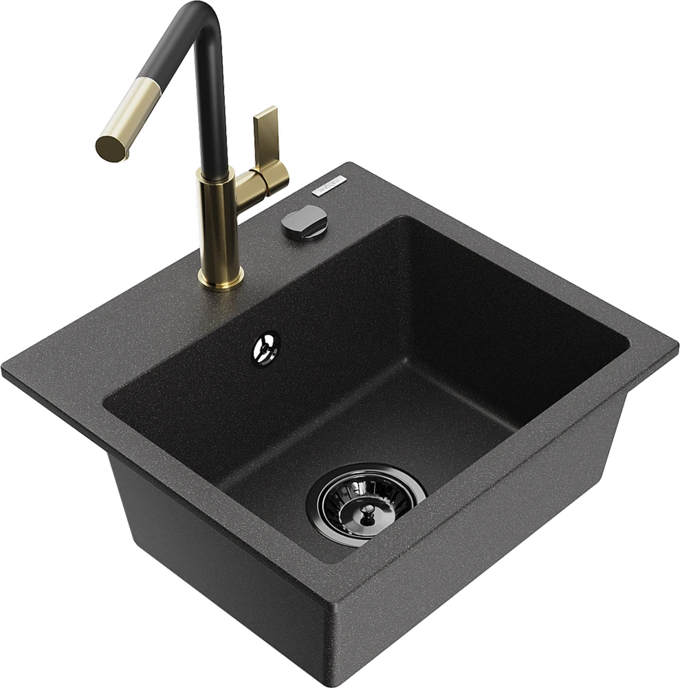 Granitinė virtuvinė plautuvė Mexen Milo su maišytuvu ir sifonu, Juodas granite+Juodas/Gold