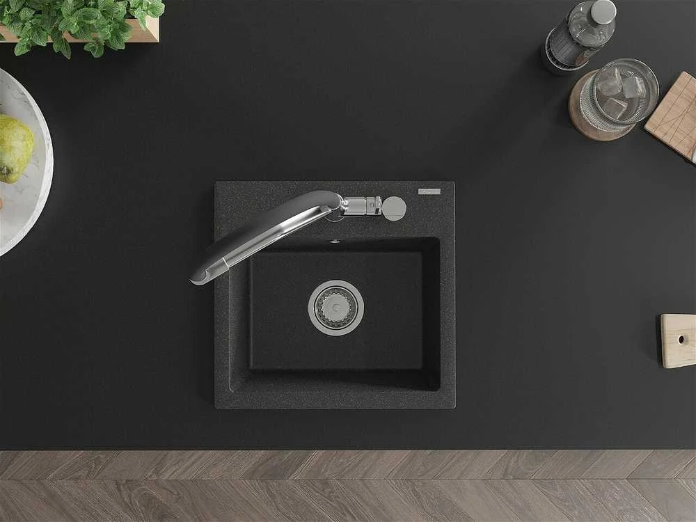 Granitinė virtuvinė plautuvė Mexen Milo su maišytuvu ir sifonu, Juodas granite+Juodas/Chrome