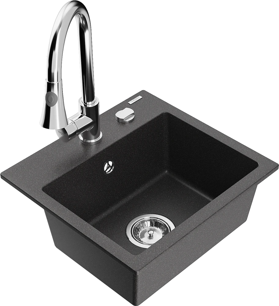 Granitinė virtuvinė plautuvė Mexen Milo su maišytuvu ir sifonu, Juodas granite+Chrome