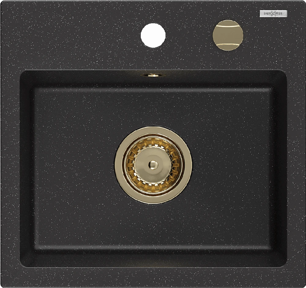 Granitinė virtuvinė plautuvė Mexen Milo su sifonu, Metallic juodas/sidabrinis+Gold, 435 x 410 mm