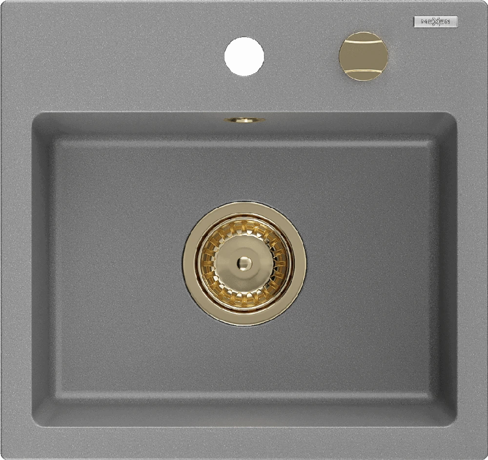 Granitinė virtuvinė plautuvė Mexen Milo su sifonu, Pilkas+Gold, 435 x 410 mm
