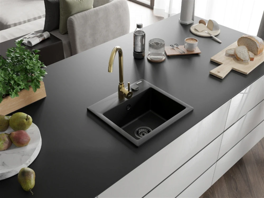 Granitinė virtuvinė plautuvė Mexen Milo su maišytuvu ir sifonu, Juodas+Gold(B)