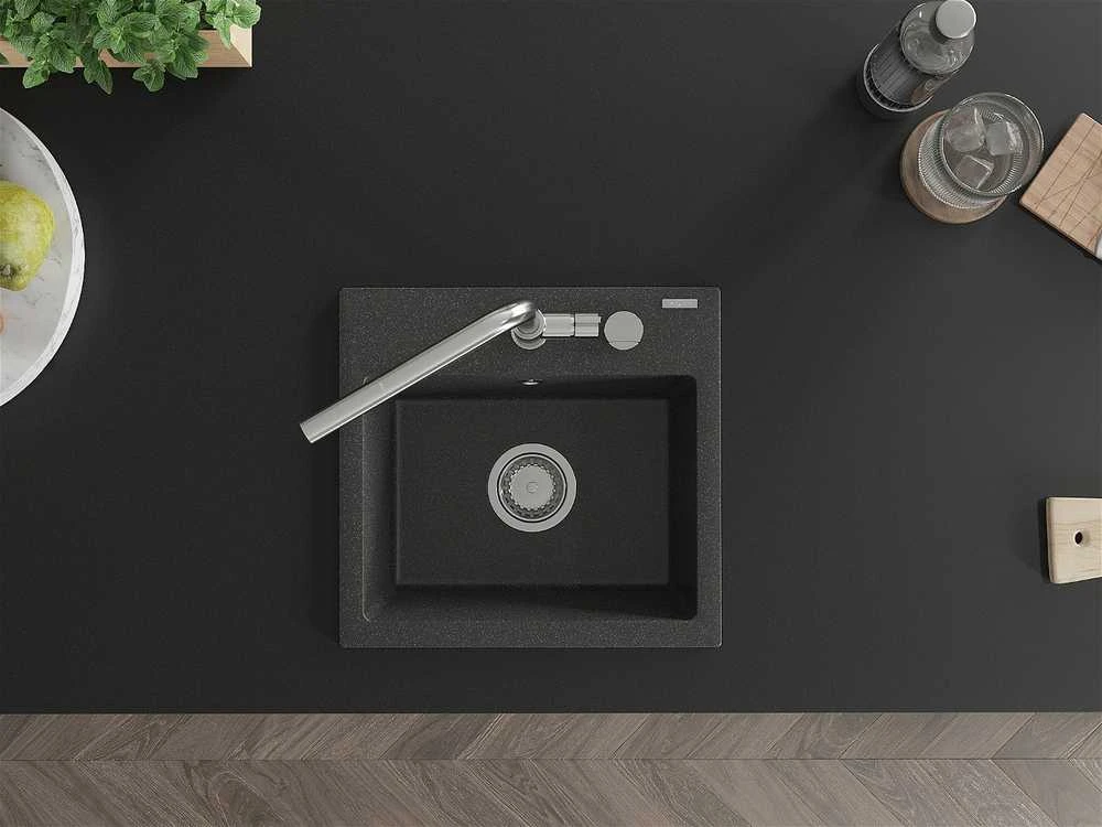 Granitinė virtuvinė plautuvė Mexen Milo su maišytuvu ir sifonu, Juodas granite+Chrome