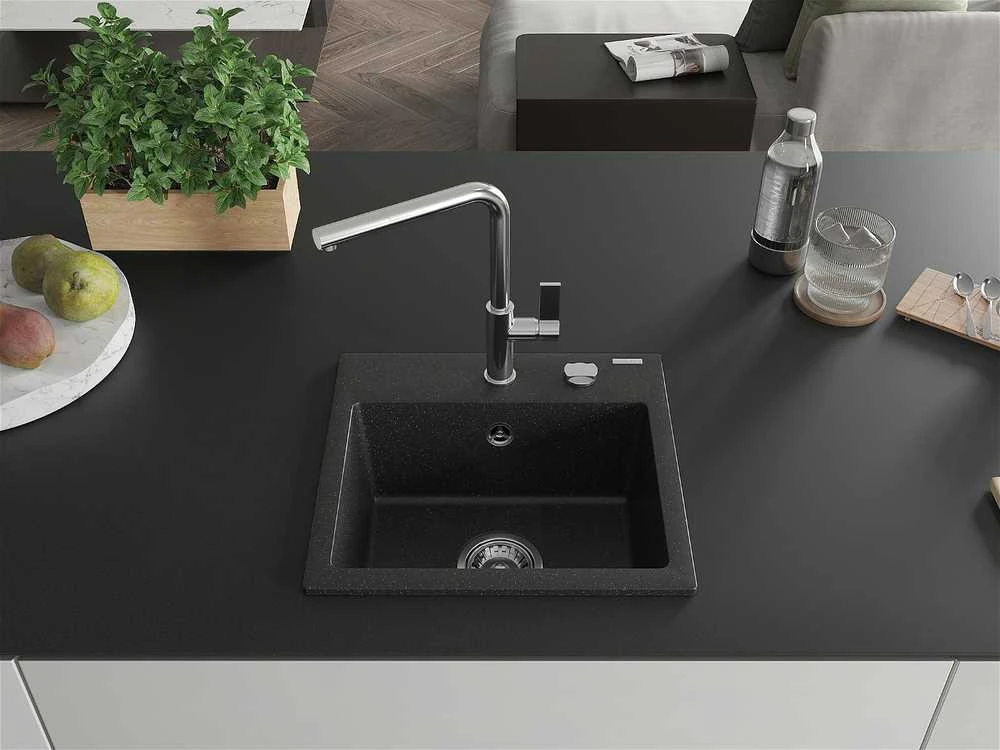 Granitinė virtuvinė plautuvė Mexen Milo su maišytuvu ir sifonu, Metallic juodas/sidabrinis+Chrome