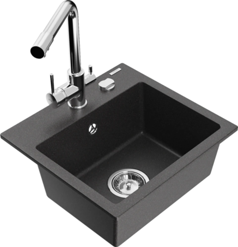 Granitinė virtuvinė plautuvė Mexen Milo su maišytuvu ir sifonu, Juodas granite+Chrome