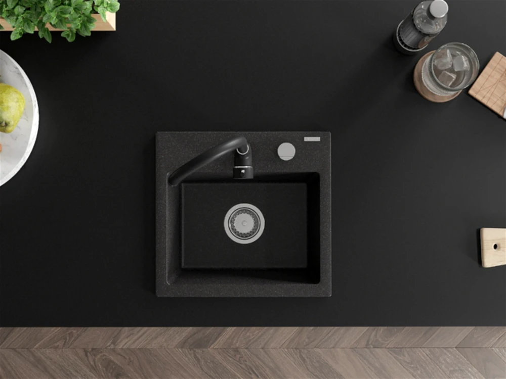Granitinė virtuvinė plautuvė Mexen Milo su maišytuvu ir sifonu, Juodas granite+Juodas