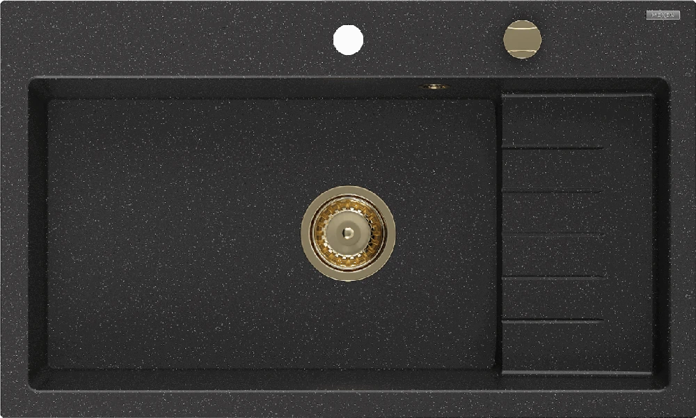 Granitinė virtuvinė plautuvė Mexen Omar su sifonu, Metallic juodas/sidabrinis+Gold, 800 x 480 mm