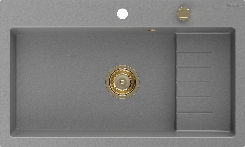 Granitinė virtuvinė plautuvė Mexen Omar su sifonu, Pilkas+Gold, 800 x 480 mm