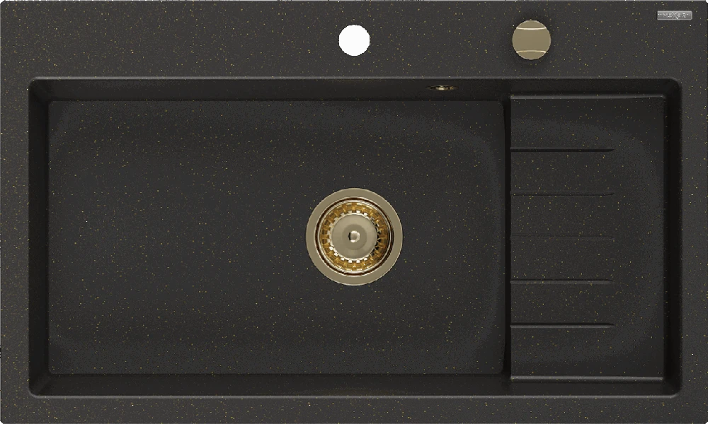 Granitinė virtuvinė plautuvė Mexen Omar su sifonu, Metallic juodas/auksinis+Gold, 800 x 480 mm