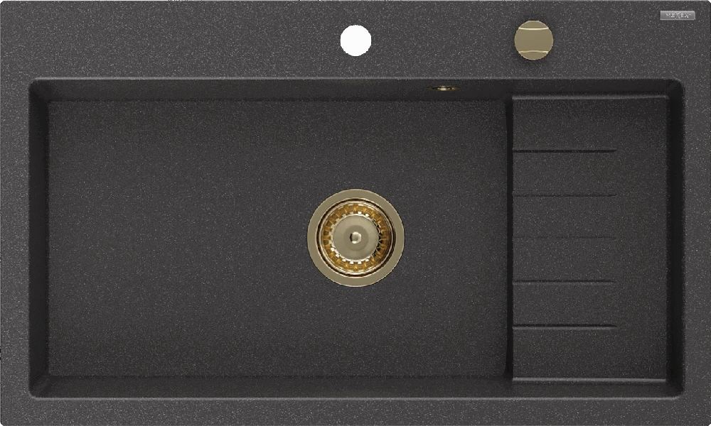 Granitinė virtuvinė plautuvė Mexen Omar su sifonu, Juodas granite+Gold, 800 x 480 mm