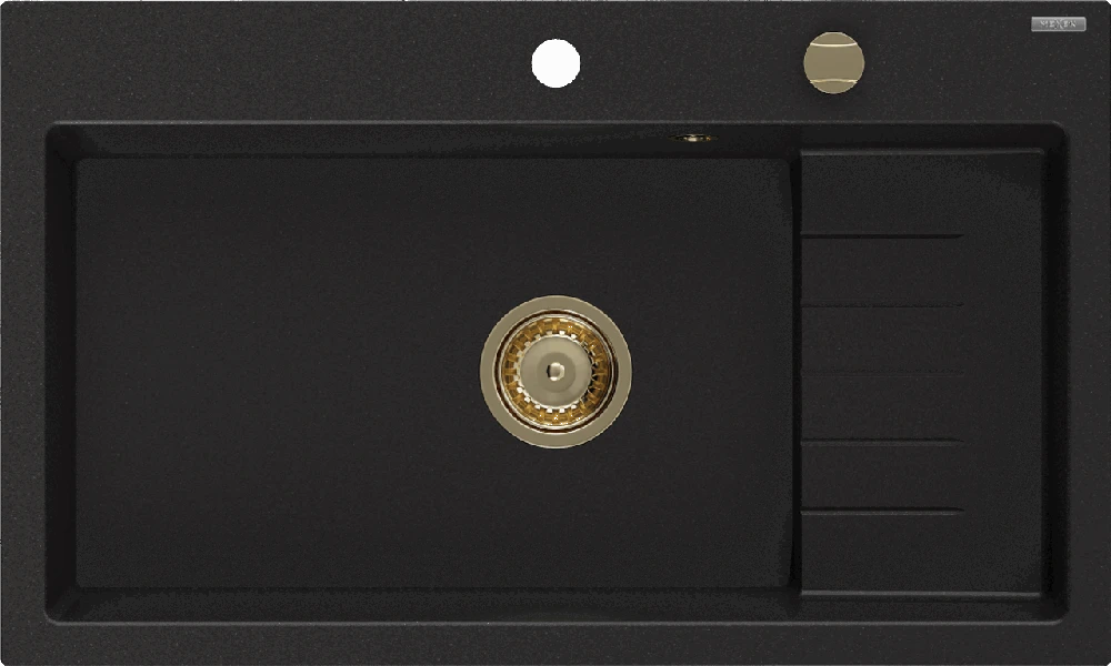 Granitinė virtuvinė plautuvė Mexen Omar su sifonu, Juodas+Gold, 800 x 480 mm