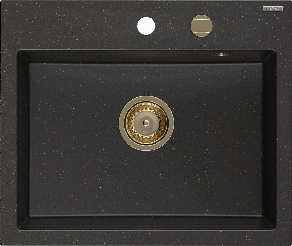 Granitinė virtuvinė plautuvė Mexen Oscar su sifonu, Metallic juodas/auksinis+Gold, 580 x 490 mm