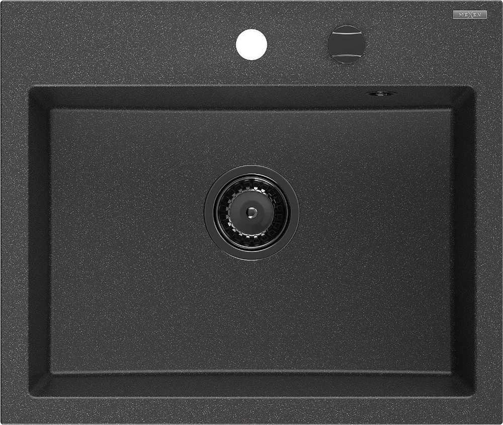 Granitinė virtuvinė plautuvė Mexen Oscar su sifonu, Juodas granite+Juodas, 580 x 490 mm