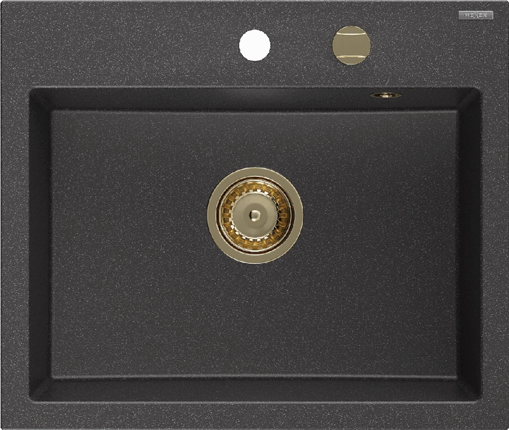 Granitinė virtuvinė plautuvė Mexen Oscar su sifonu, Juodas granite+Gold, 580 x 490 mm