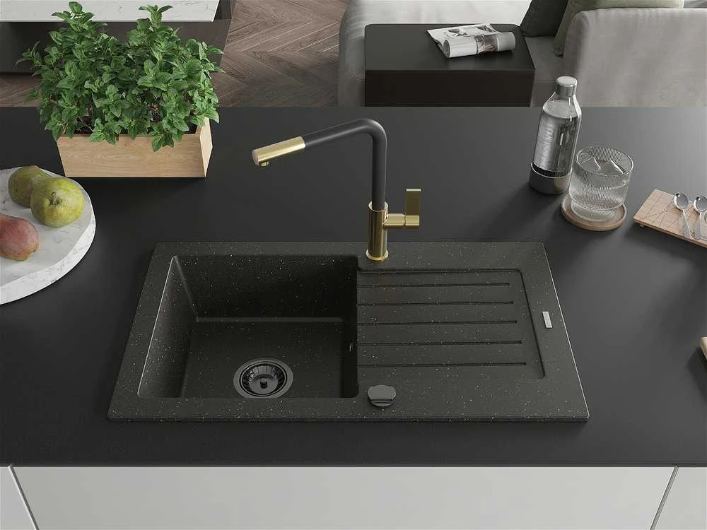 Granitinė virtuvinė plautuvė Mexen Pablo su maišytuvu ir sifonu, Metallic juodas/auksinis+Juodas/Gold