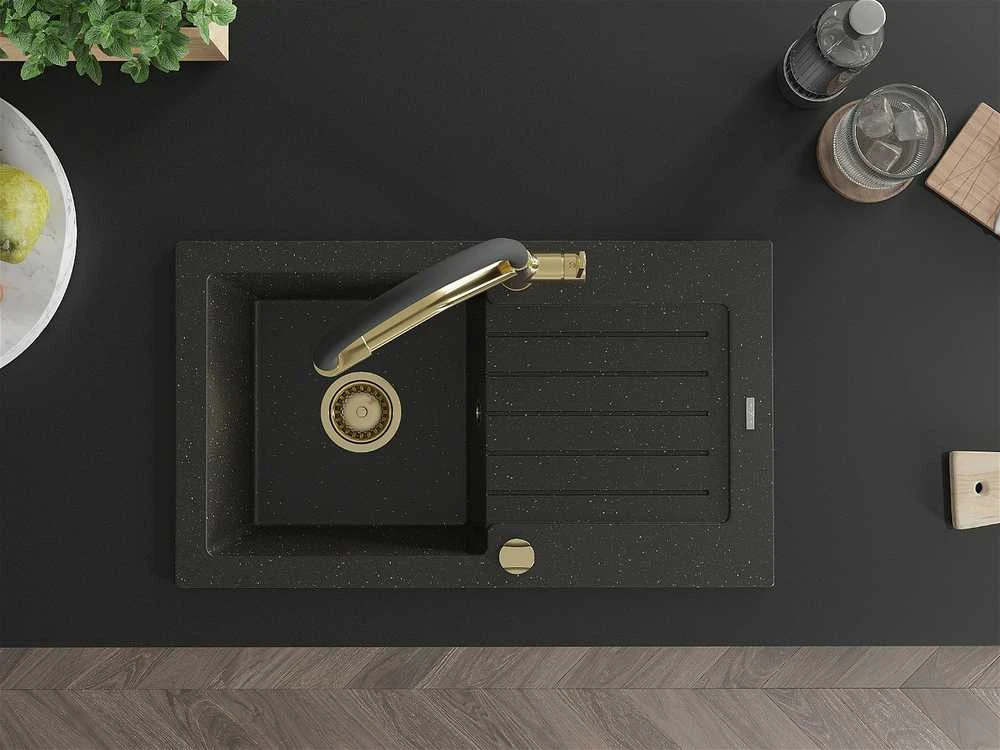 Granitinė virtuvinė plautuvė Mexen Pablo su maišytuvu ir sifonu, Metallic juodas/auksinis+Juodas/Gold