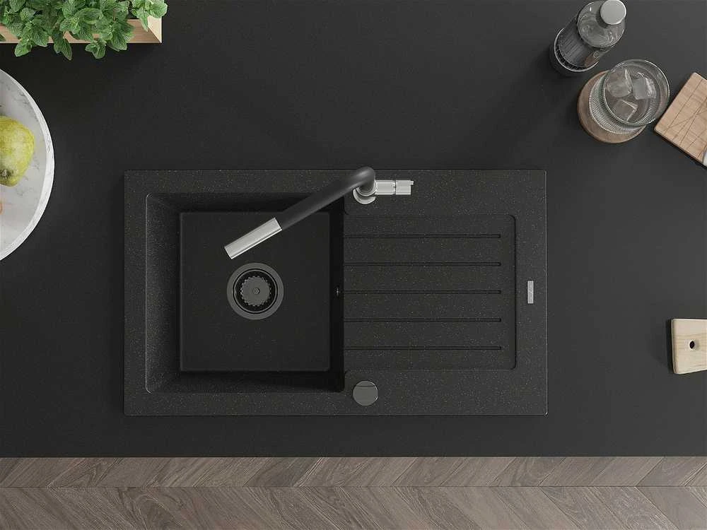 Granitinė virtuvinė plautuvė Mexen Pablo su maišytuvu ir sifonu, Metallic juodas/sidabrinis+Juodas/Chrome