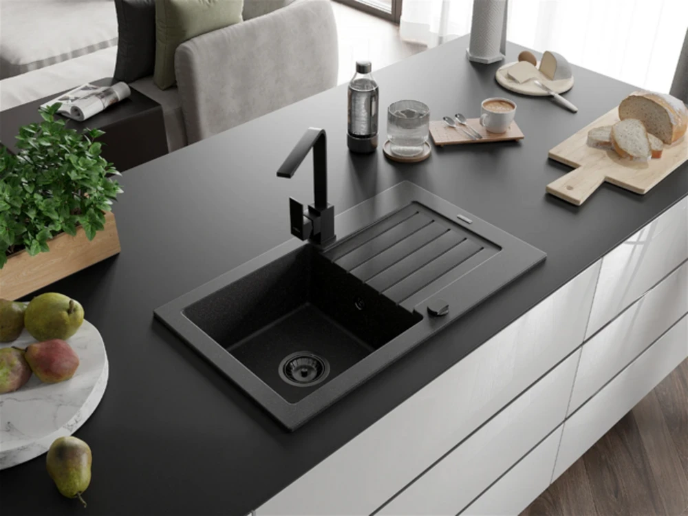 Granitinė virtuvinė plautuvė Mexen Pablo su maišytuvu ir sifonu, Juodas granite+Juodas(B)
