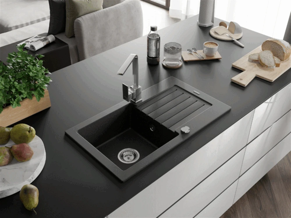 Granitinė virtuvinė plautuvė Mexen Pablo su maišytuvu ir sifonu, Juodas granite+Chrome