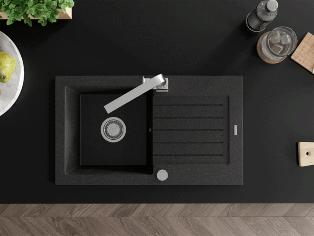 Granitinė virtuvinė plautuvė Mexen Pablo su maišytuvu ir sifonu, Juodas granite+Chrome