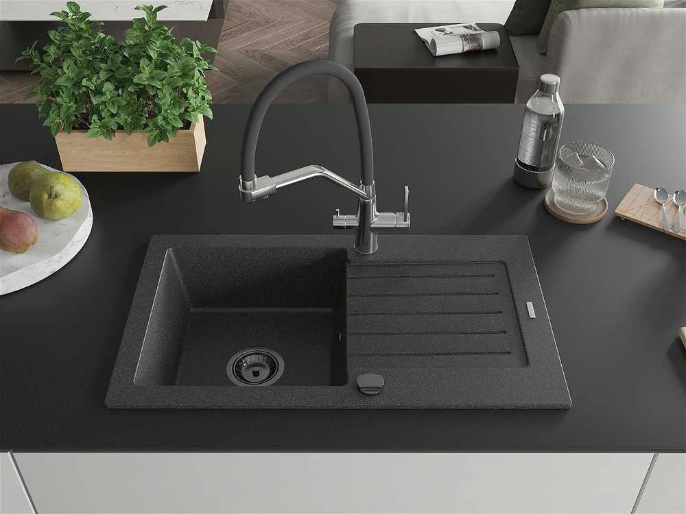 Granitinė virtuvinė plautuvė Mexen Pablo su maišytuvu ir sifonu, Juodas granite+Juodas/Chrome